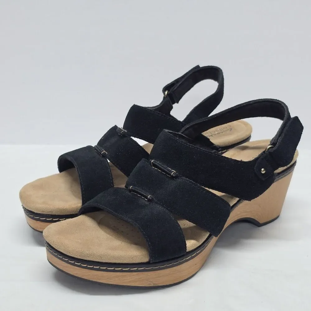 Clarks Seannah Glow Suede Wedge Sandal In Black Womens Sz 10 Wide Slingback